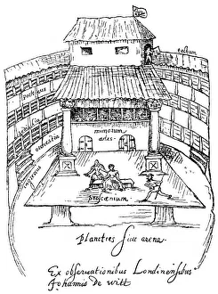 Historical drawing, 1596, interior view of Swan Theatre in London