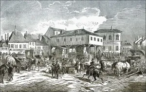 Historical drawing, army post being distributed by the Germans in a French town