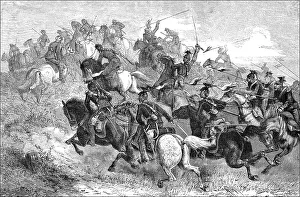 Historical drawing, attack of the Prussian Uhlans on Chasseurs d'Afrique