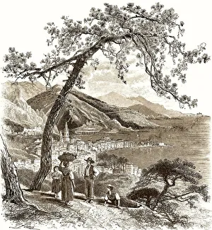 Historical drawing, city of Menton or Mentone