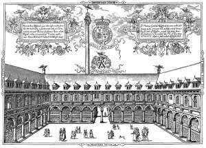 Historical drawing, courtyard of the London stock market in 1569