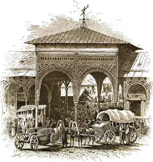 Historical drawing, Jewish market of Warsaw