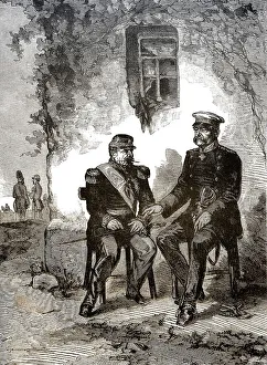 Historical drawing, meeting between Otto von Bismarck and Napoleon III to surrender on 2 September 1870