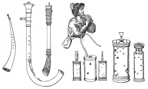 Historical drawing, various form of ancient woodwind instruments