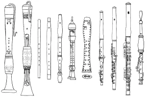 Historical drawing, various forms of ancient woodwind instruments