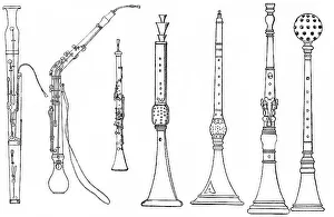 Historical drawing, various forms of ancient woodwind instruments