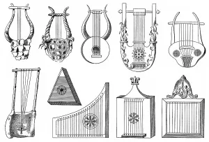 Historical drawing, various forms of the lyre