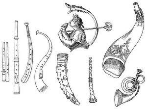 Historical drawing, various forms of old brass instruments