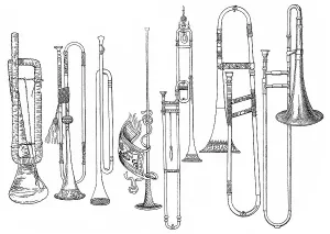 Historical drawing, various forms of old brass instruments