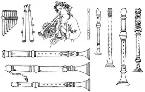Historical drawing, various forms of old woodwind instruments