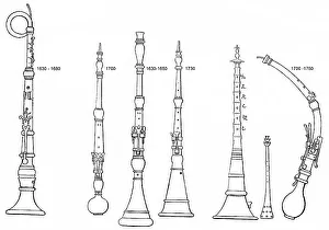 Historical drawing, various forms of old woodwind instruments