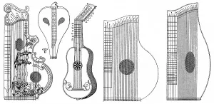 Historical drawing, various old musical instruments