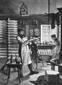 Historical engraving, Black Forest clock face painters during watchmaking