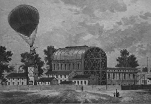 Historical engraving, buildings of the airship department at Tempelhof Field in Berlin