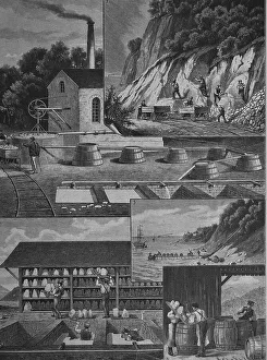 Historical engraving, chalk mining and factory manufacturing chalk