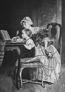 Historical engraving, child learning to write