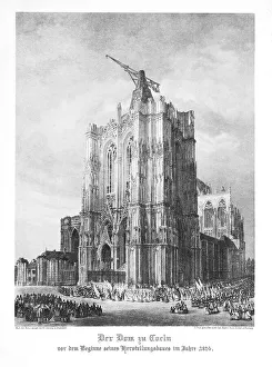 Historical engraving, Cologne Cathedral with a crane