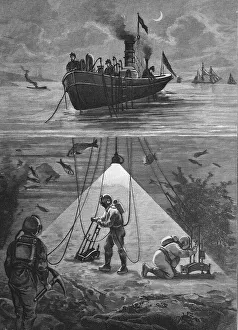 Historical engraving, divers working on the ocean floor with electric light