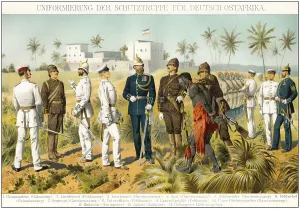 Historical illustration, 1894, uniforms of Imperial German colonial soldiers in East Africa