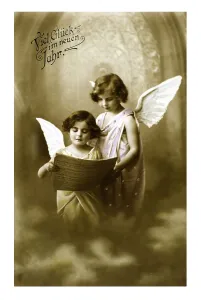Historical illustration, two children dressed as angels with wings