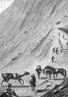Historical illustration of the last horse station on the volcano Vesuvius