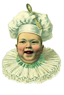 Historical illustration, laughing baby's head with chef's hat