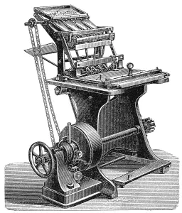 Historical illustration, nailing machine for the production of wooden boxes