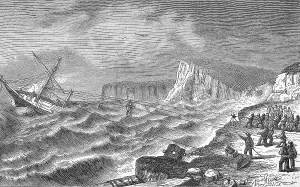 Historical illustration of the rescue of shipwrecked people