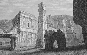 Historical illustration, rock temple at Ellora