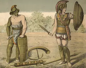 This historical illustration shows a Roman gladiator on the left and a Greek warrior on the right