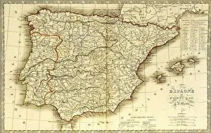 Historical map around 1840, Spain and Portugal