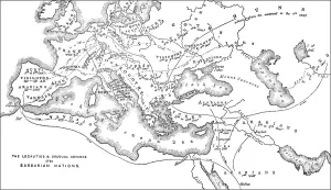 Historical map of the origin or occupation of the barbaric nations