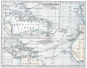 Historical map with an overview of the voyages of Christopher Columbus