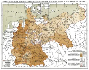 Historical map, spread of infectious diseases in the German Empire in 1892 and 1893