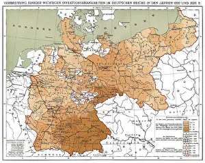 Historical map, spread of infectious diseases in the German Empire in 1892 and 1893