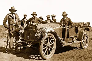 Historical photograph, Farmer with killed leopard on the car in 1919