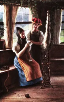 Historical picture postcard, two woman in Black Forest traditional costume in a farmhouse parlour