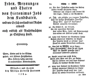 Historical print, 1784, title and page from the first edition of Jobsiade by Carl Arnold Kortum