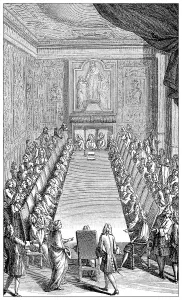 Historical print, admittance of an academic to the French academic society Academie Francaise or French Academy