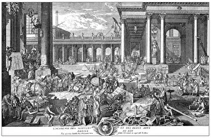 Historical print, allegory of the French academic society Academie francaise also known as French Academy
