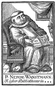 Historical print, satirical portrait of a monastery's librarian in the 18th Century