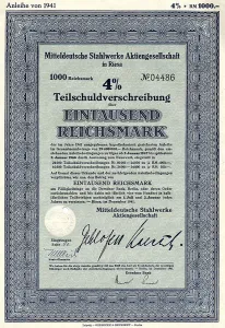 Historical share certificate, Mitteldeutsche Stahlwerke Aktiengesellschaft Riesa
