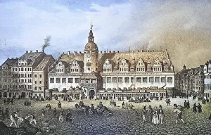 Historical view, 19th century, of the city of Leipzig with town hall