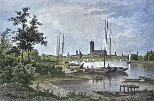 Historical view, 19th century, of the city of Magdeburg