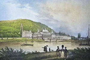 Historical view, 19th century, of Pillnitz Castle on the Elbe