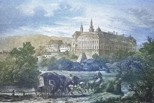 Historical view, 19th century, of the town and monastery of Braunau