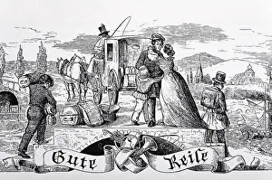 Historical vignette with a family taking leave and a coach