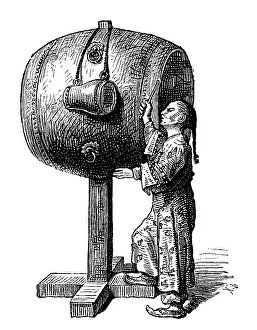 Hiuen Kou, giant Chinese drum, historical picture