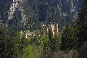 Hohenschwangau Castle is hidden in a dense mountain forest beneath dramatic towering cliffs