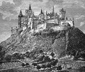 Hohenzollern Castle in Bisingen, ancestral seat of the House of Hohenzollern, high nobility, castle wall, many towers, protective position on a mountain, architecture, travel, Baden-Wuerttemberg, Germany, historical illustration 1885, Europe